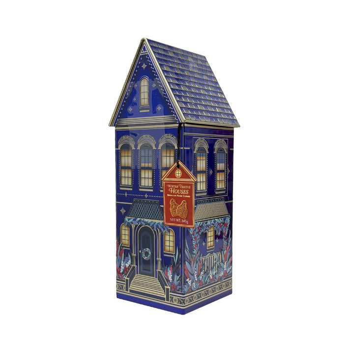 The Silver Crane Winter Festive Houses Speculoos Cookies In Blue Tin (345g)