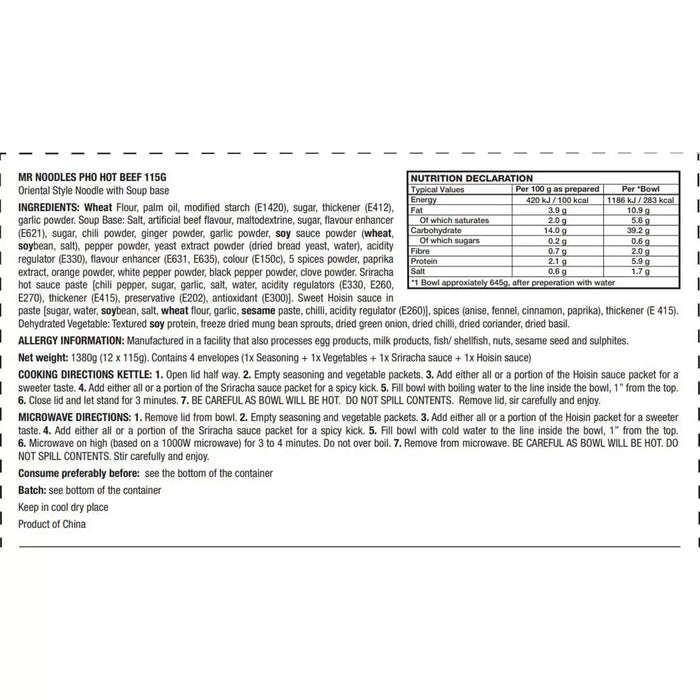Mr Noodles Pho Hot Beef Noodle Soup (12x115g)