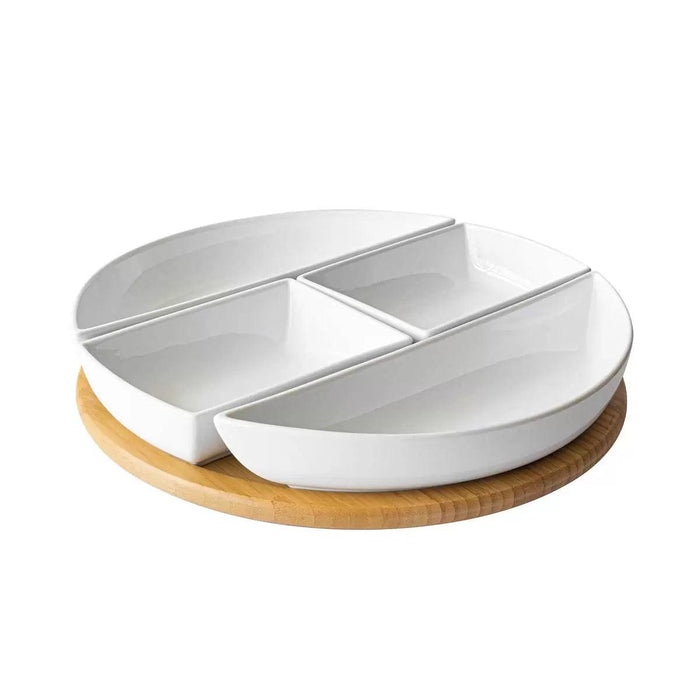 Over & Back Bamboo Lazy Susan with 4 Porcelain Dishes