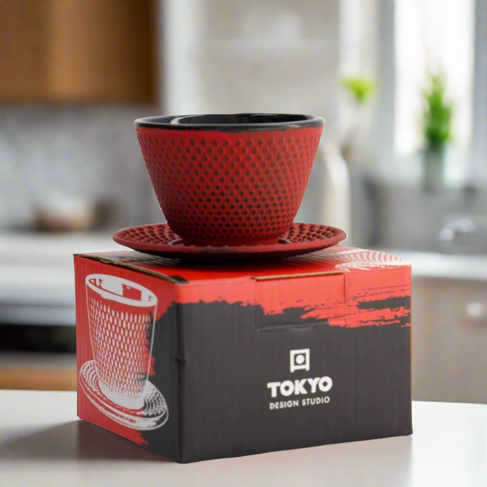 Tokyo Design Studio WY  Iron Tea Cup & Plate Arare - Red/Black (120ml)