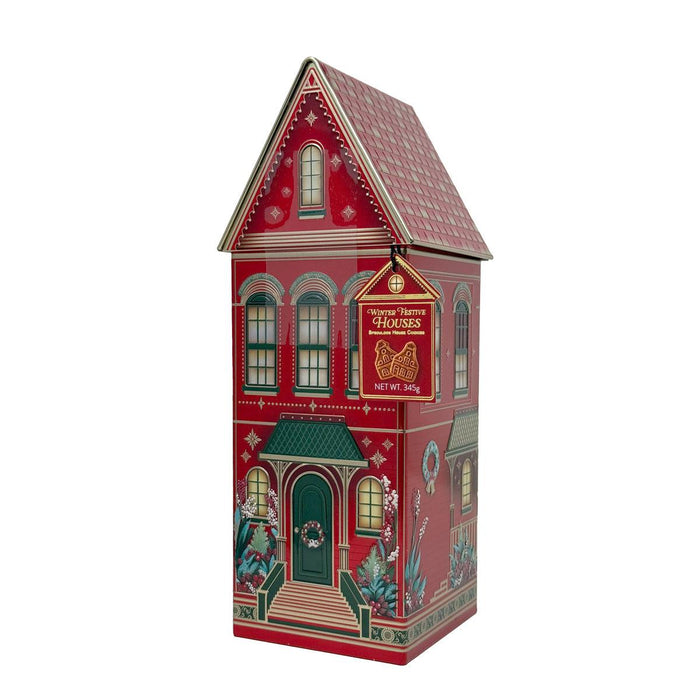 The Silver Crane Winter Festive Houses Speculoos Cookies In Red Tin (345g)