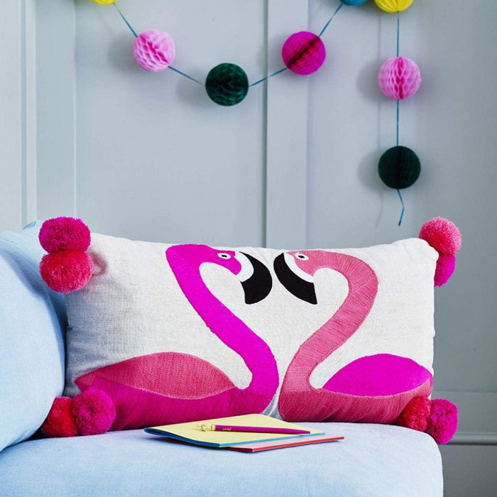 Bombay Duck Rectangle Embroidered Cushion with Pom Poms - Flamingoes