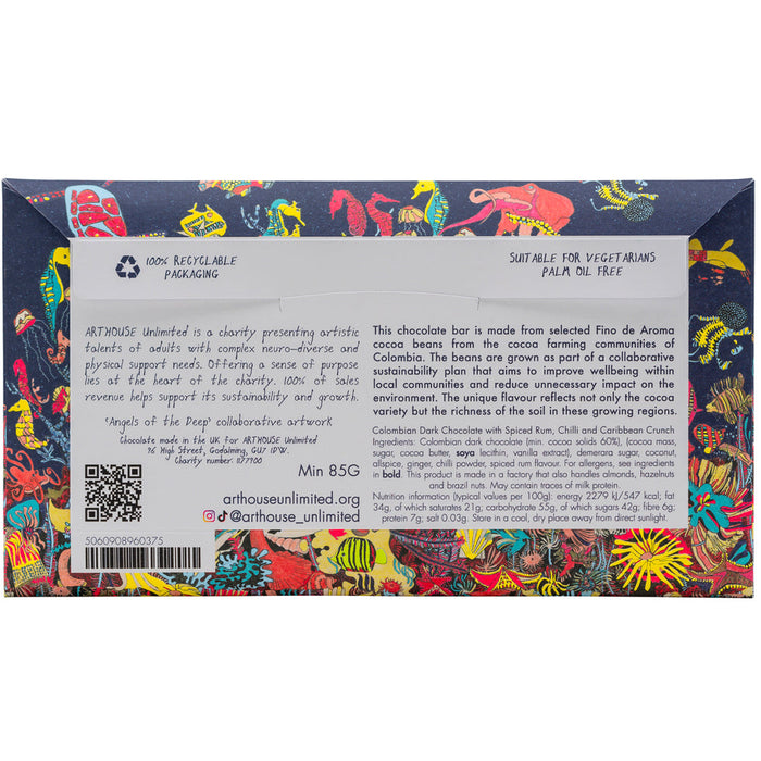 Arthouse Unlimited Dark Chocolate Bar with Spiced Rum, Chilli & Caribbean Crunch - Angels of Deep (85g)