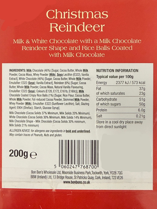 Bon Bon's Christmas Reindeer Milk & White Chocolate Slab (200g)