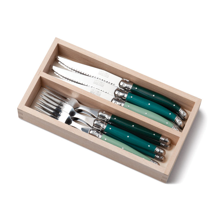 Laguiole Steak Knife & Fork Set of 12 in a Tray - Green