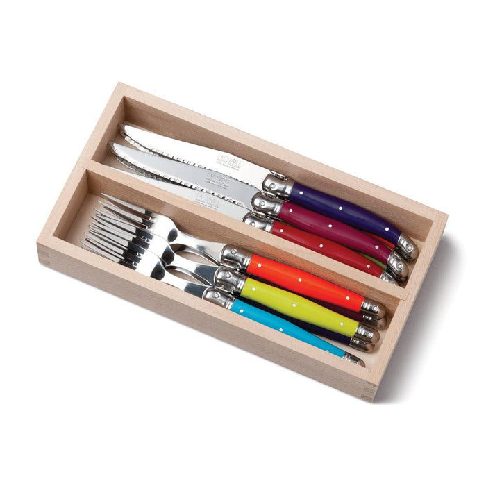 Laguiole Steak Knife & Fork Set of 12 in a Tray - Multicolour