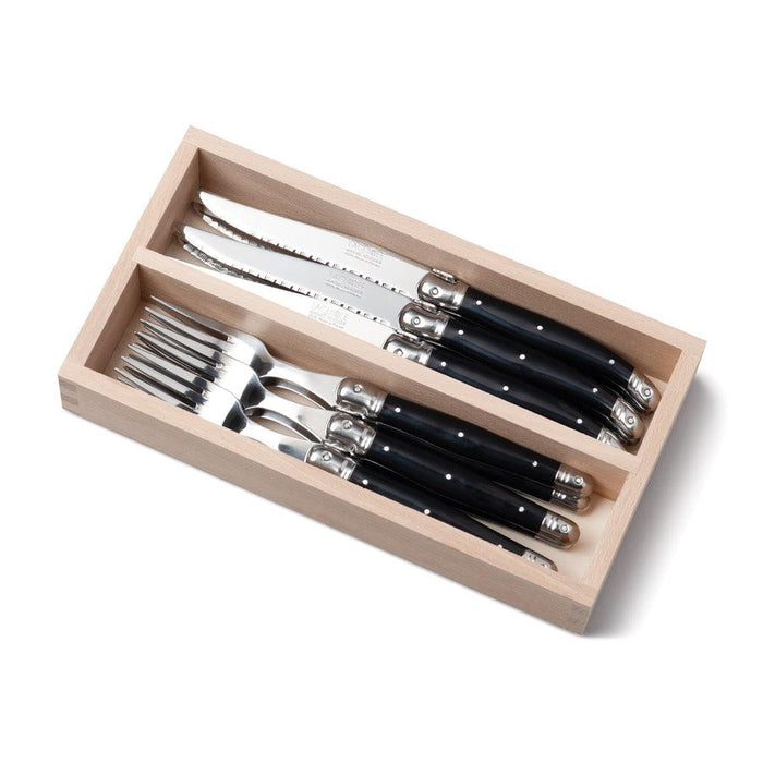 Laguiole Steak Knife & Fork Set of 12 in a Tray - Black