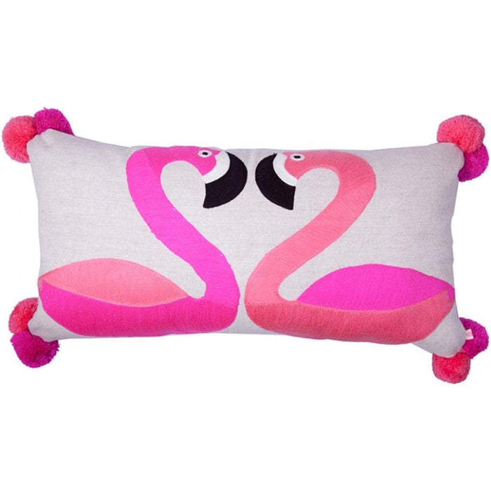 Bombay Duck Rectangle Embroidered Cushion with Pom Poms - Flamingoes