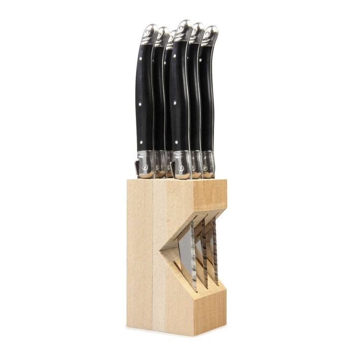 Laguiole French Style Set of 6 Fine Dining Steak Knife In Block - Black